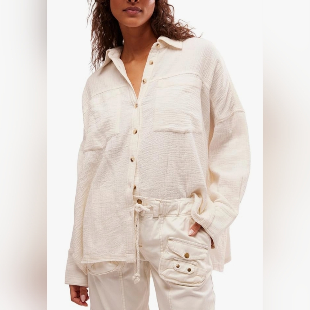 Free People Women's Cardiff Cotton Long-Sleeve Shirt, Optic White - Size Medium